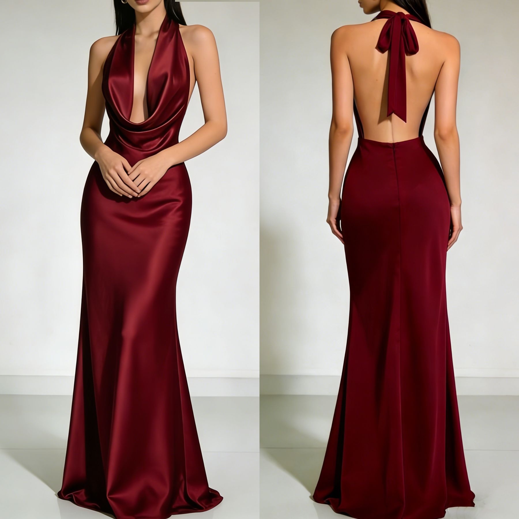 Solid color Strapless Backless Satin Evening dress Long dress - Image 7