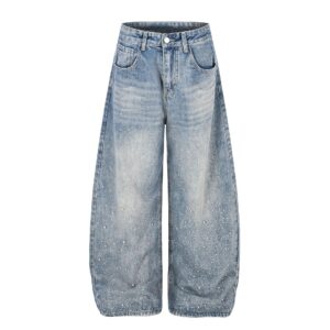 High-Waisted Washed Distressed Design, Loose Fit Slimming Straight Cut Pants