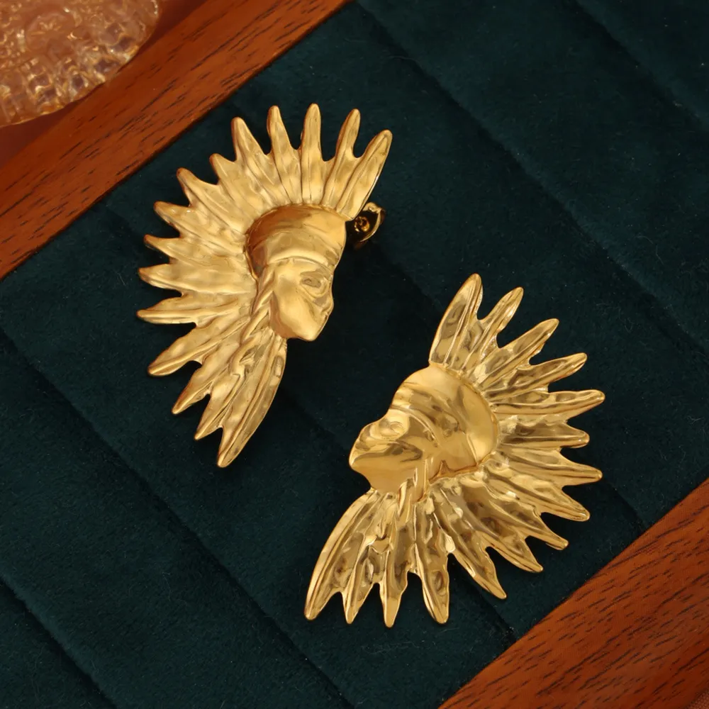 Geometric jewelry with wrinkled texture Indian style design titanium steel gold-plated earrings - Image 2