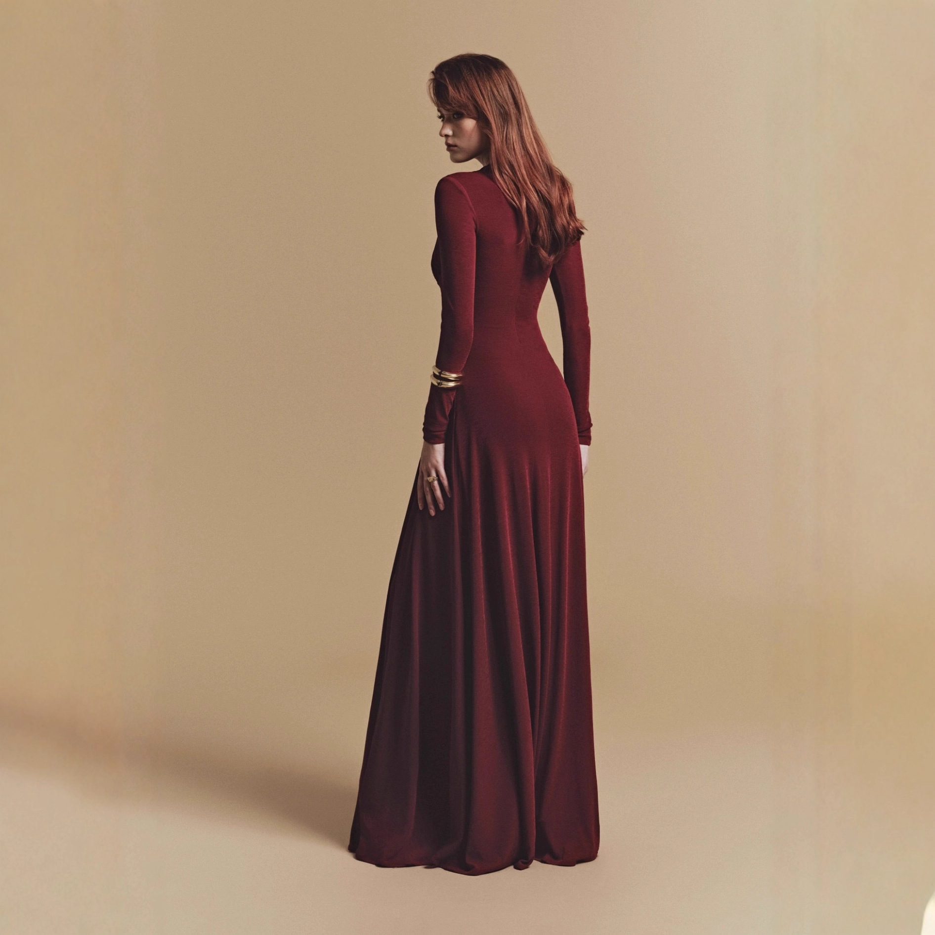 Pleated Long Sleeve Maxi Dress with Unique Design, Floor-Length Formal Gown - Image 2