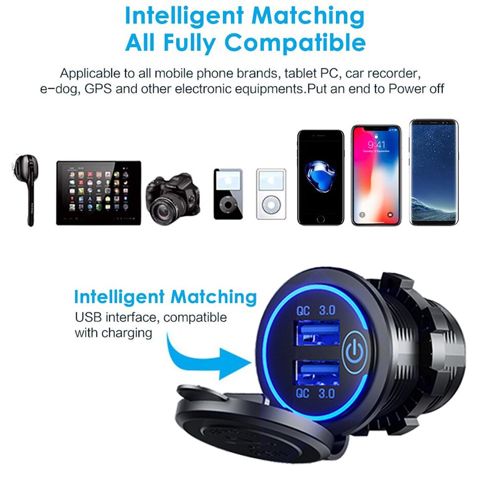 36W QC 3.0 Touch Switch Waterproof Universal Motorcycle Car Truck Boat Dual USB Charger Socket For Phone Tablet Camera GPS DVR - Image 2