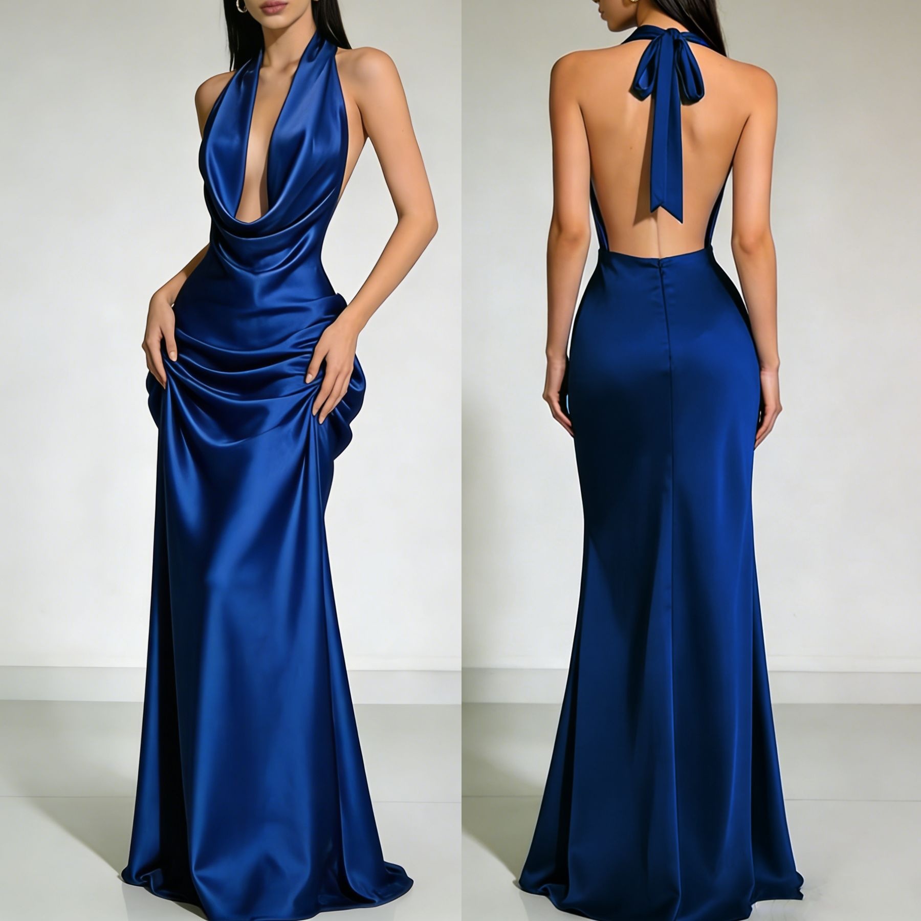 Solid color Strapless Backless Satin Evening dress Long dress - Image 8