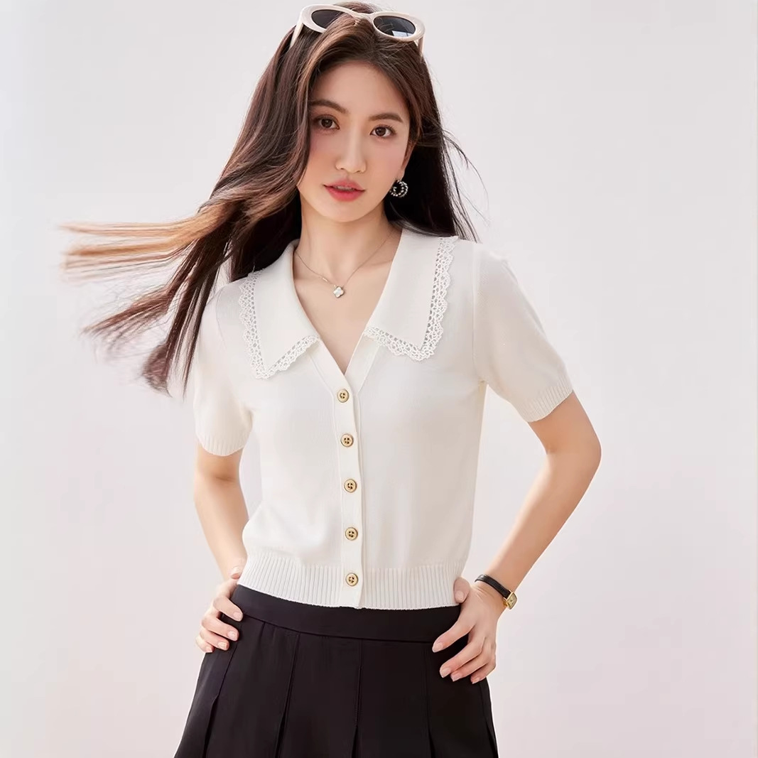 Navy Blue Lace Turn-Down Collar Knitted Short Sleeve T-Shirt for Women Summer Casual Top