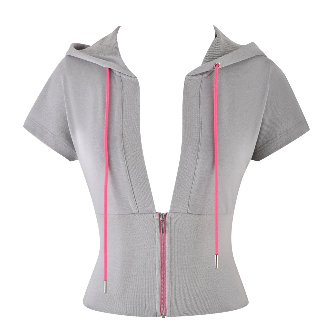 Women's Pure Color Sports Leisure Top with Hood Half Zipper Slim Deep V-neck Short Sleeve - Image 3
