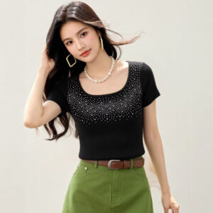Fashionable Black Embellished U-Neck Short Sleeve Knit Top for Women, Slim Fit, Elegant Inner Layer or Standalone Wear