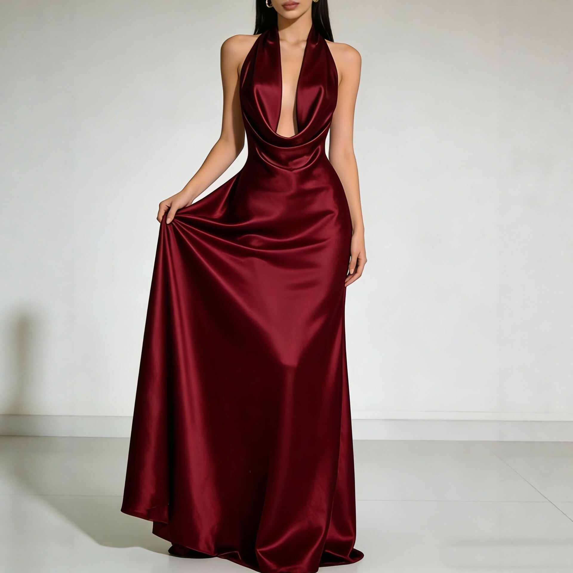 Solid color Strapless Backless Satin Evening dress Long dress - Image 2