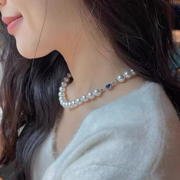 Natural Mother-of-Pearl Pearl Necklace Silver Blue Gem Clasp High Luster Premium Quality Pearl Australian White Necklace - Image 3