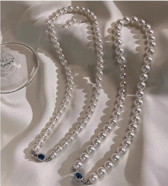 Natural Mother-of-Pearl Pearl Necklace Silver Blue Gem Clasp High Luster Premium Quality Pearl Australian White Necklace - Image 9