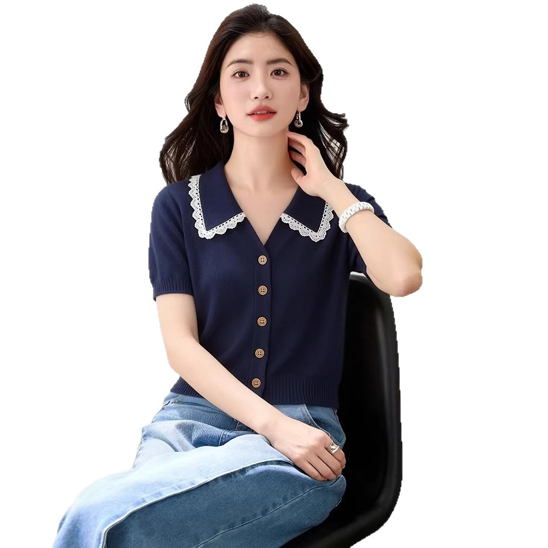 Navy Blue Lace Turn-Down Collar Knitted Short Sleeve T-Shirt for Women Summer Casual Top - Image 5