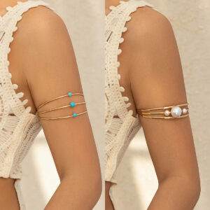 Multi layer hollow micro inlaid imitation pearl turquoise opening arm chain ethnic style handmade jewelry