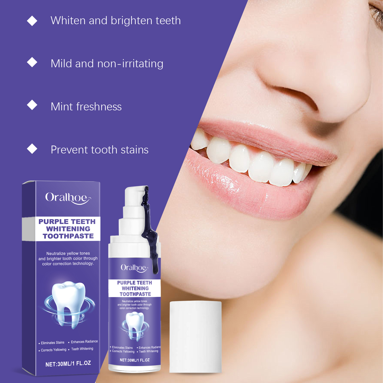 Oralhoe Purple Brightening Toothpaste Brightening Remove Stains Improve Yellow Teeth Gentle Cleaning Dental Hygiene Care Toothpaste - Image 3