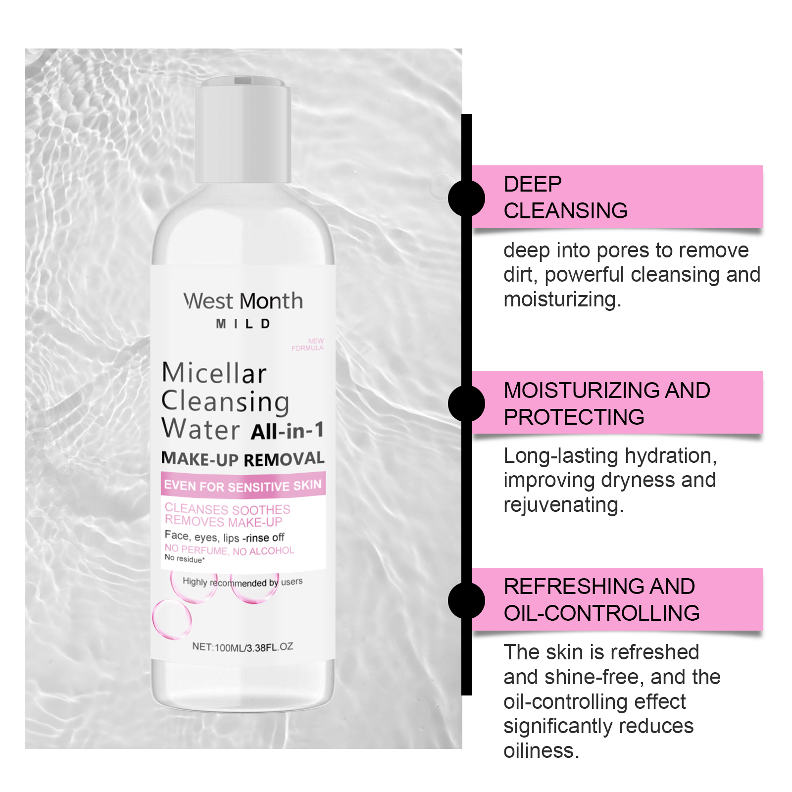 West&Month Gentle Makeup Remover, Facial Makeup Dissolves Soft Cleansing Gentle Cleansing, Clean And Non-Irritating - Image 3