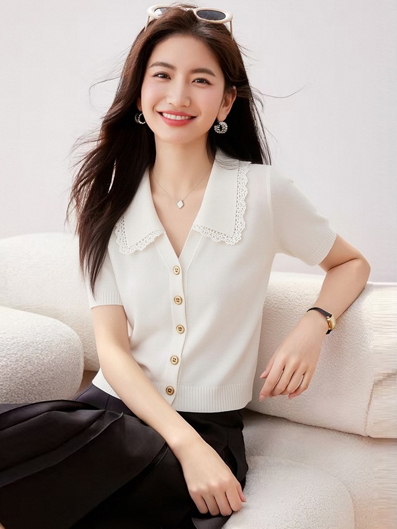 Navy Blue Lace Turn-Down Collar Knitted Short Sleeve T-Shirt for Women Summer Casual Top - Image 7