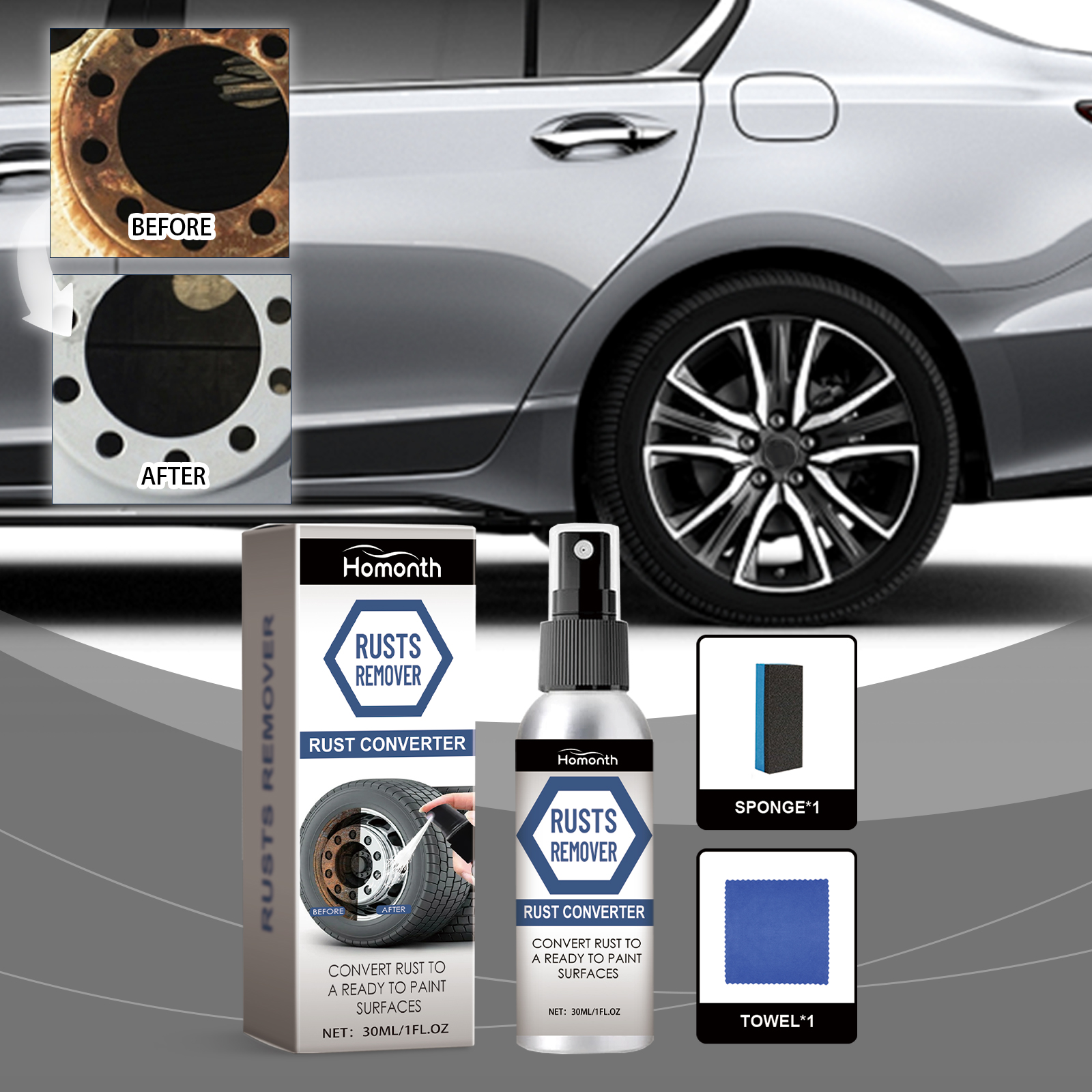 Homonth Automobile Tire Rust Spray, Dust Cleaning Steel Ring Rust Polishing Clean Wheel Rust Remover - Image 2