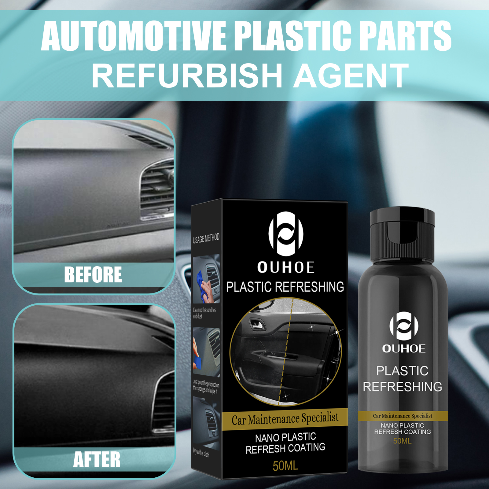 OUHOE Car Plastic Dashboard Refurbisher (30ml Box) Dust-Proof Repair, Interior Cleaning And Polishing, Plastic Whitening Maintenance - Image 4