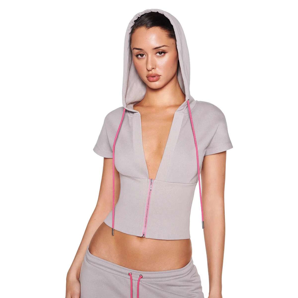 Women's Pure Color Sports Leisure Top with Hood Half Zipper Slim Deep V-neck Short Sleeve - Image 2
