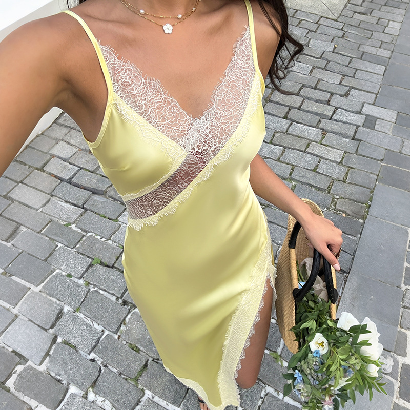 Lace Spliced Strap Dress Foreign Trade Mature Sexy Backless Long Dress for Women - Image 4