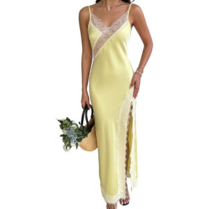 Lace Spliced Strap Dress  Foreign Trade Mature Sexy Backless Long Dress for Women