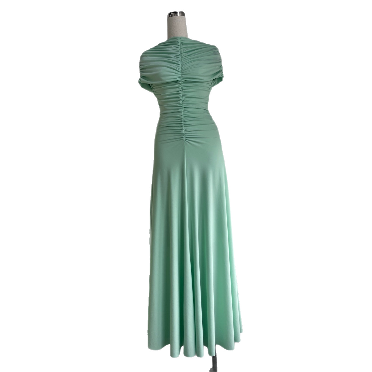 Elegant Green Summer Fitted High Neck Pleated Dress with Vintage Resort Style Long Skirt - Image 5