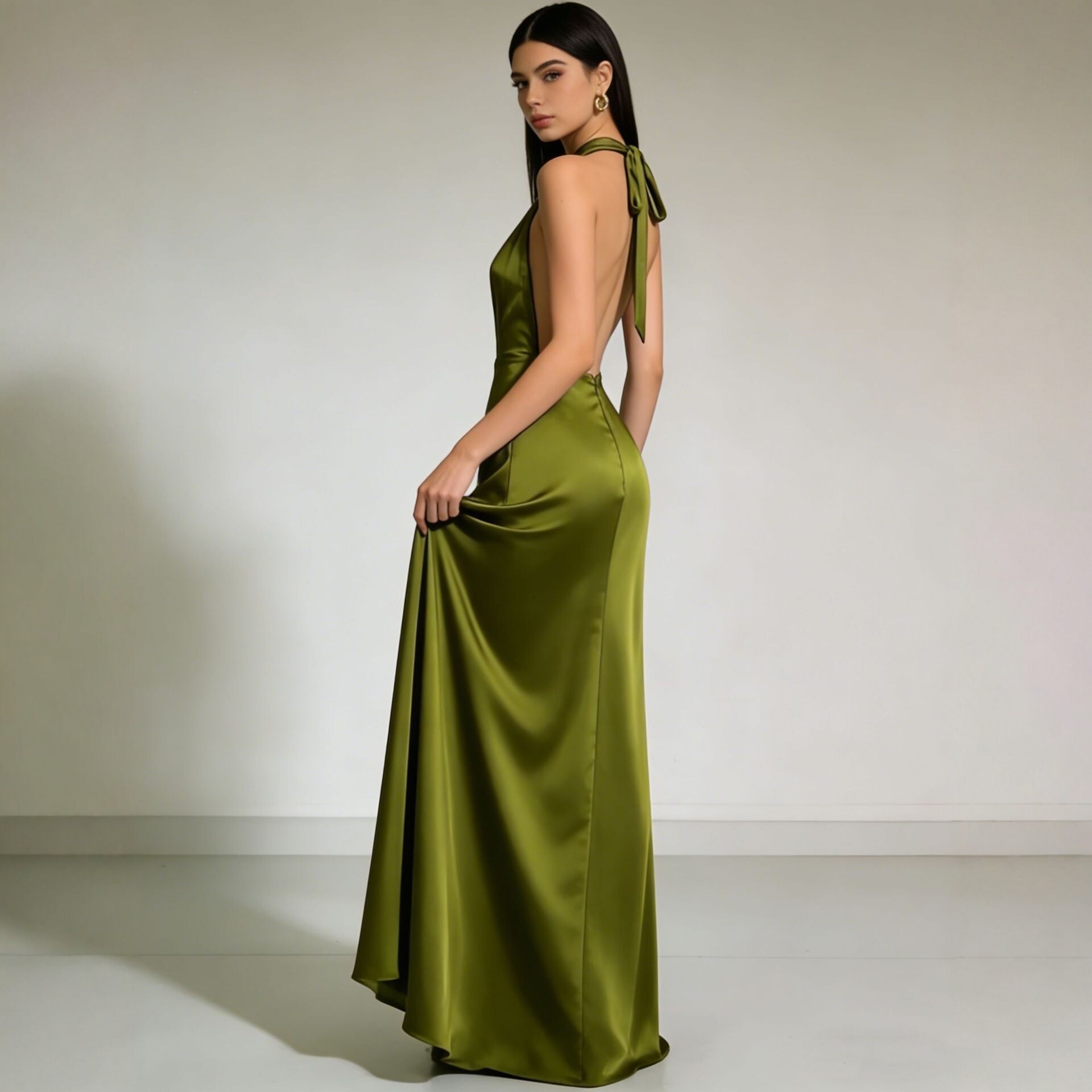 Solid color Strapless Backless Satin Evening dress Long dress - Image 5