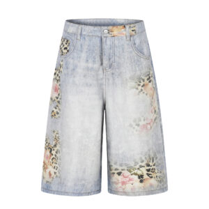 Leopard Print Denim Cropped Pants Unisex Loose Wide Leg Distressed Washed Street Style Mid-Length Pants