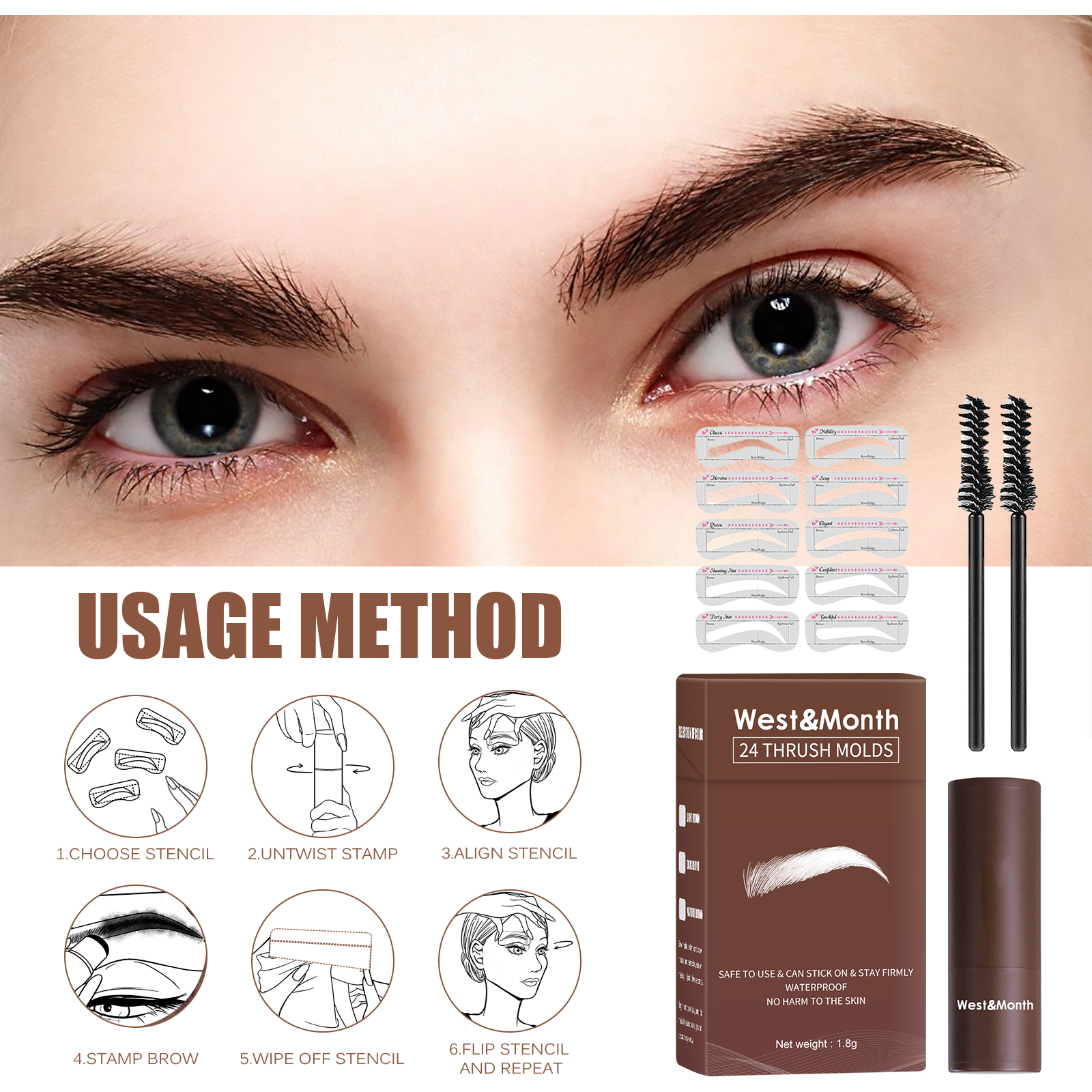 West&month 24 Thrush Molds, Lazy Brow Print Eyebrow Powder Set Durable Waterproof, Sweat Resistant, Makeup Free And Smudge - Image 5