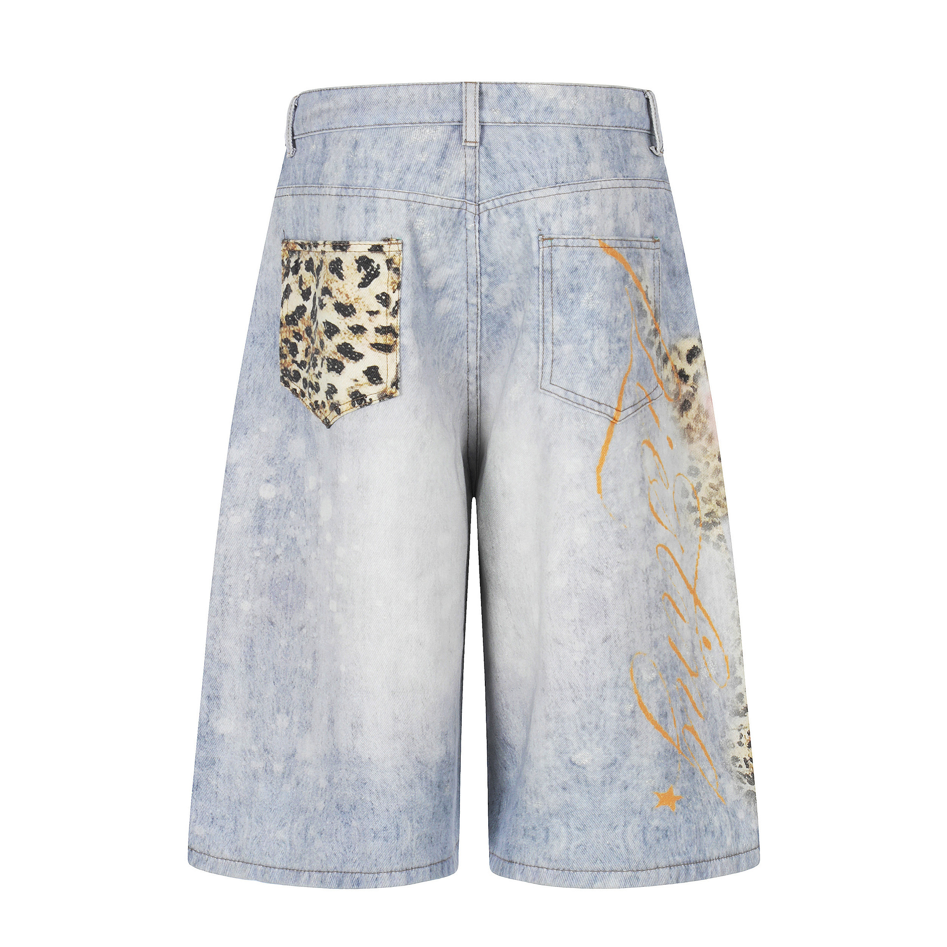 Leopard Print Denim Cropped Pants Unisex Loose Wide Leg Distressed Washed Street Style Mid-Length Pants - Image 3