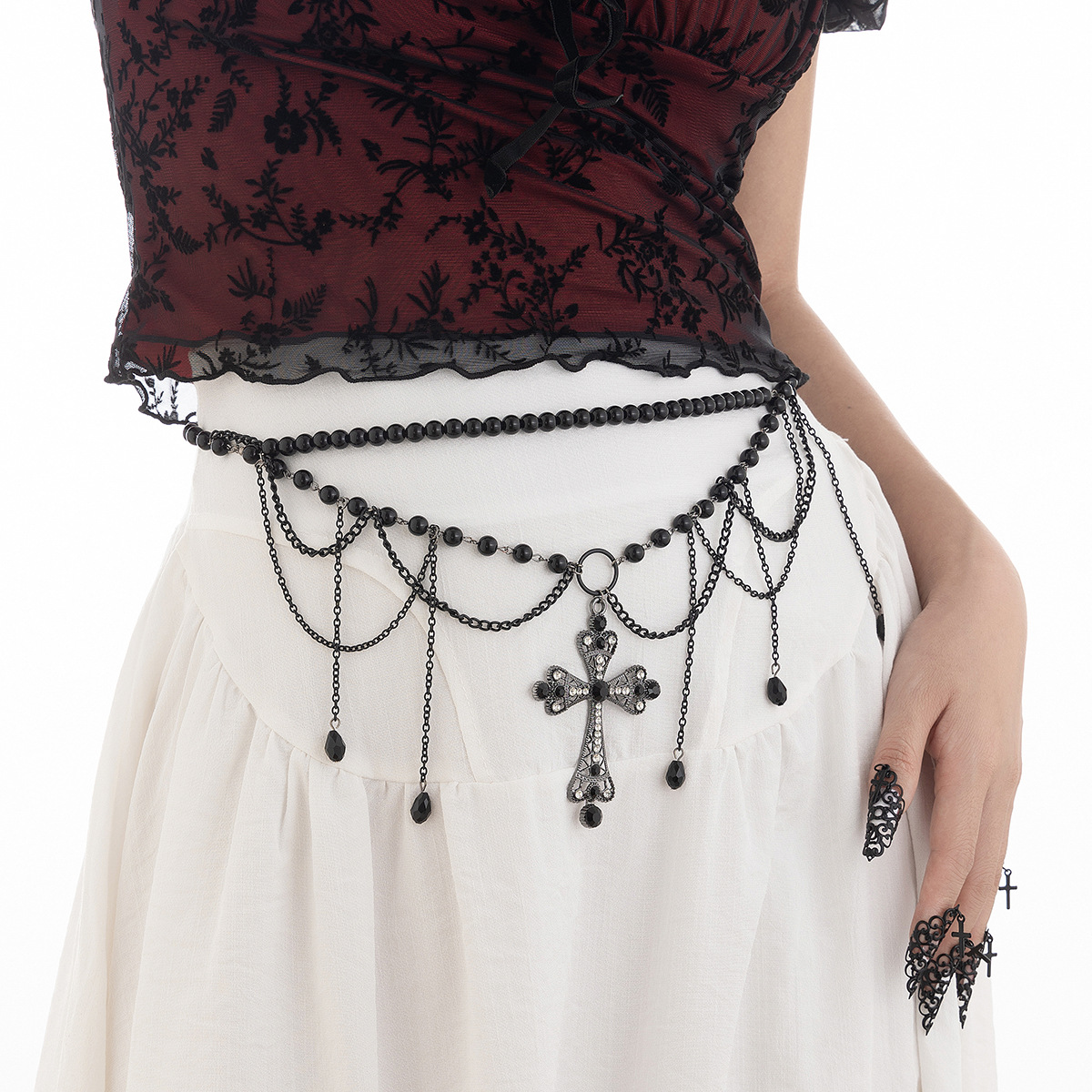 Dark Wind Cross Iron Chain Waist Chain Multi layer Versatile Tassel Crystal Body Chain Female - Image 3