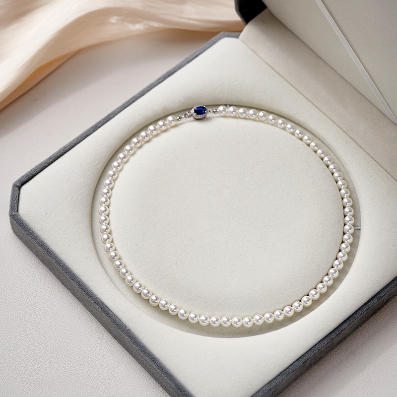Natural Mother-of-Pearl Pearl Necklace Silver Blue Gem Clasp High Luster Premium Quality Pearl Australian White Necklace - Image 10