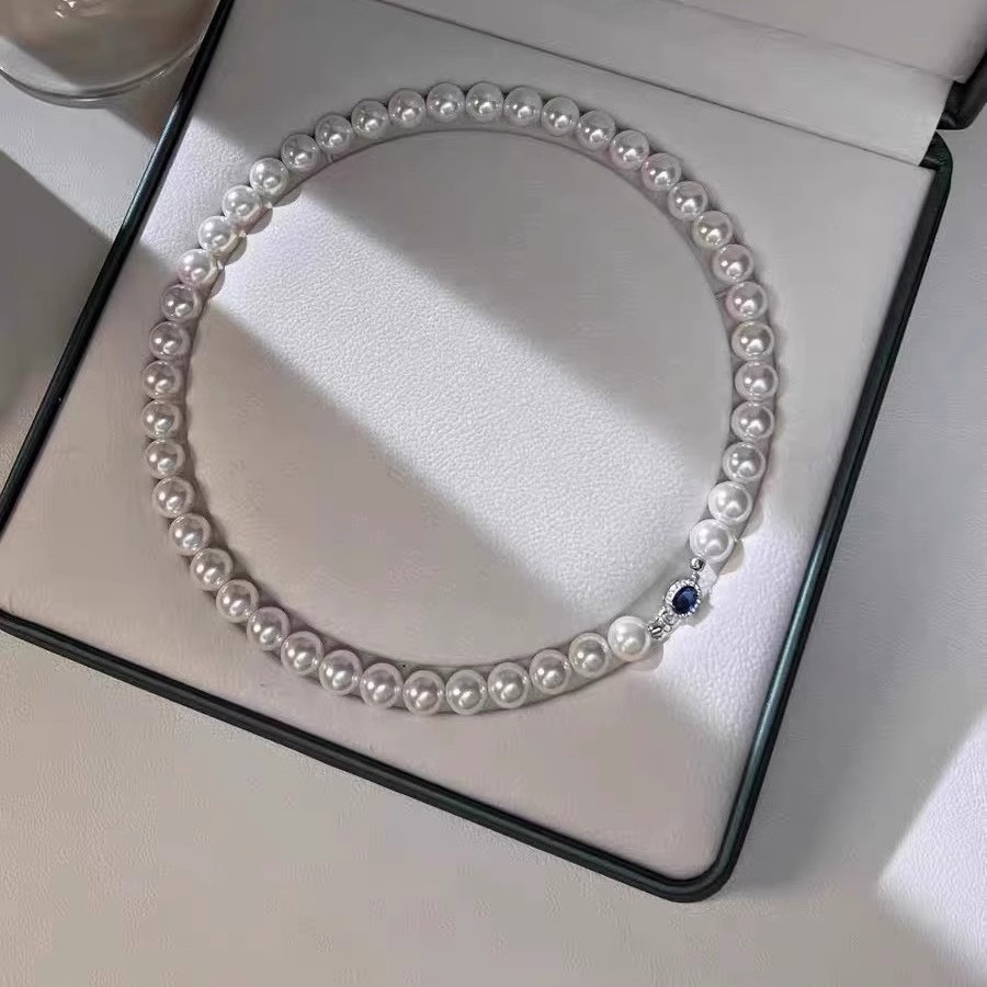 Natural Mother-of-Pearl Pearl Necklace Silver Blue Gem Clasp High Luster Premium Quality Pearl Australian White Necklace - Image 2