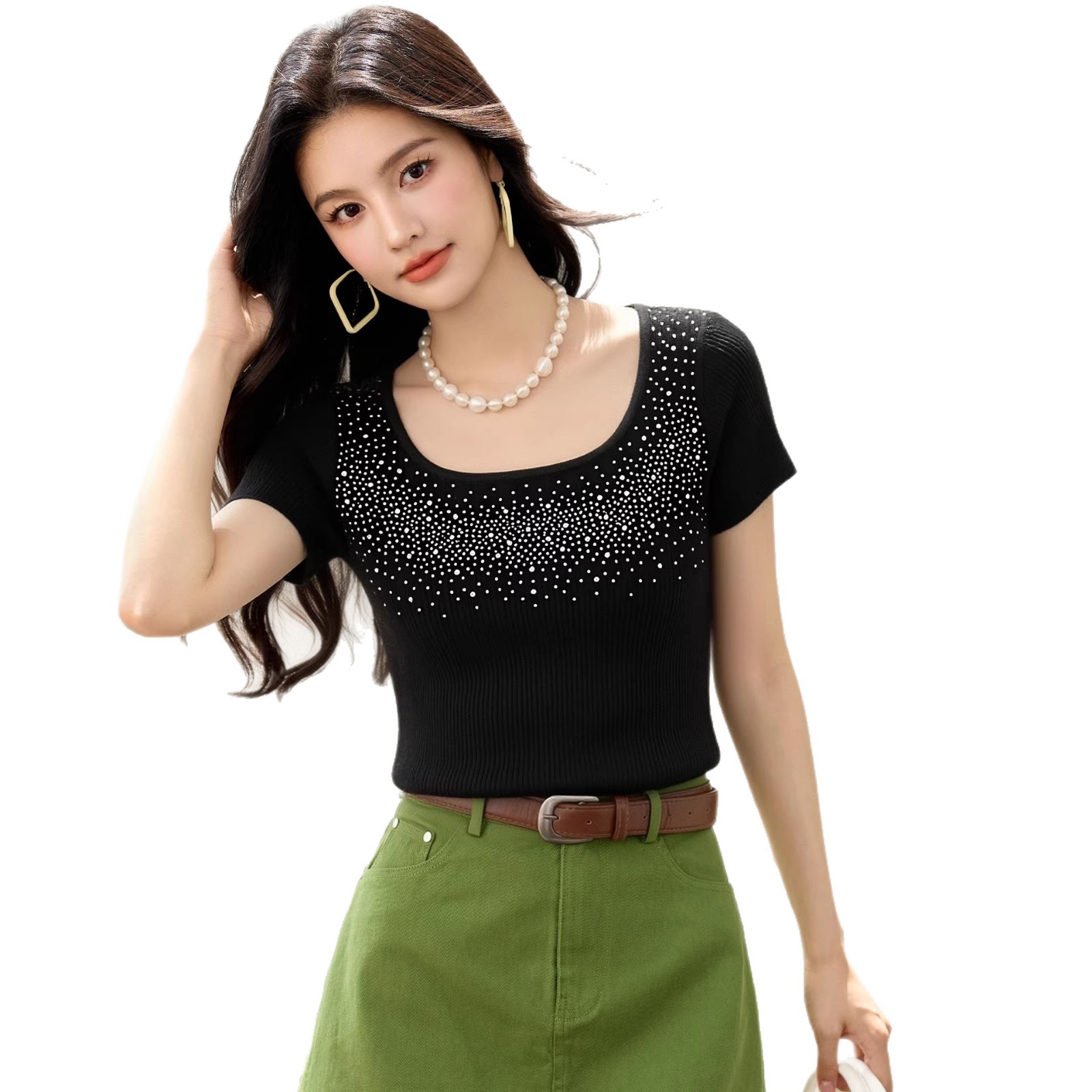 Fashionable Black Embellished U-Neck Short Sleeve Knit Top for Women, Slim Fit, Elegant Inner Layer or Standalone Wear - Image 5