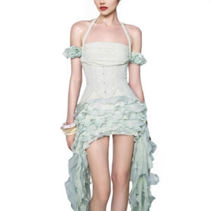 Feng Moti Kim Hyun-ah Style Vietnamese Small Brand Design Flare Irregular Fringe Maxi Dress with Strap Neckline