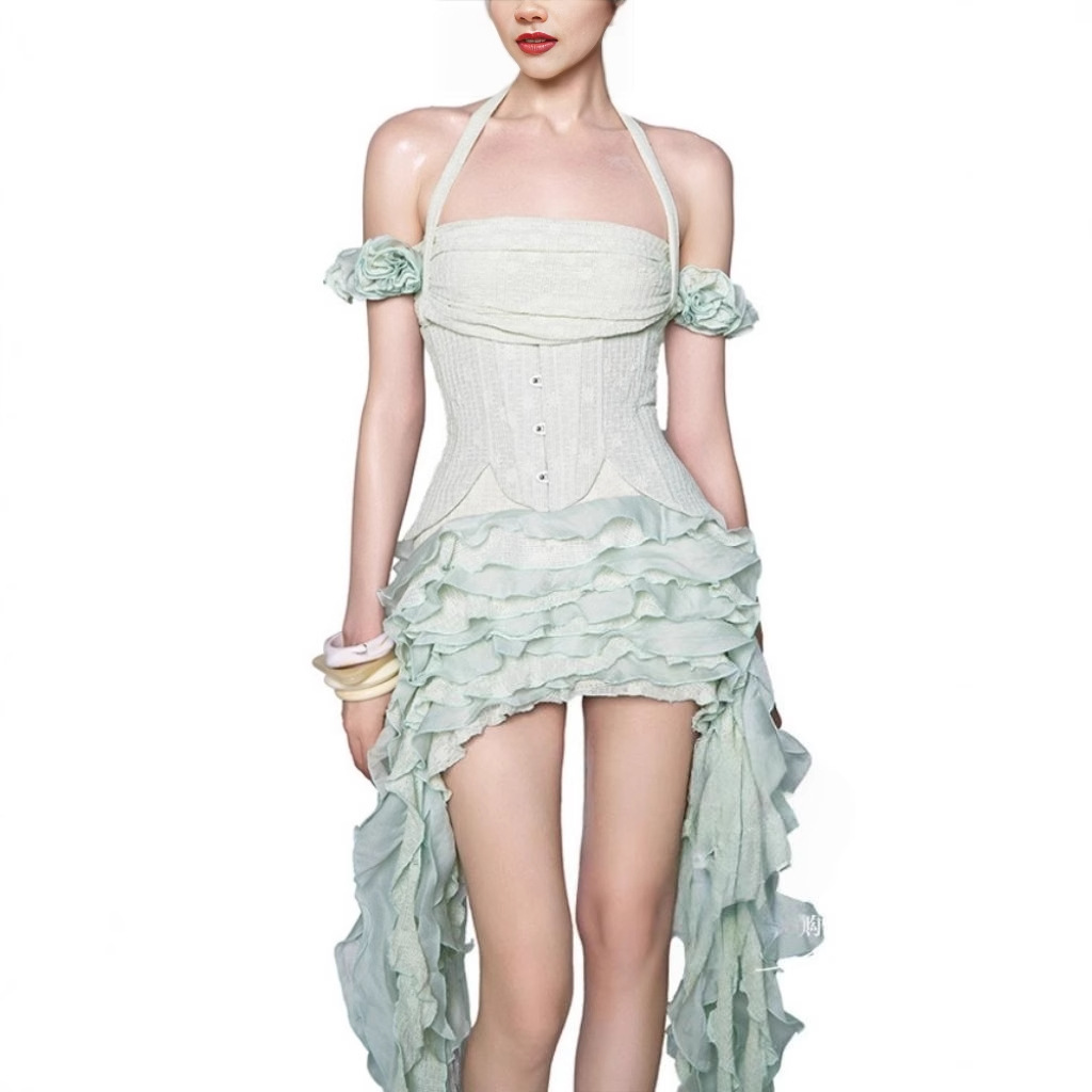 Feng Moti Kim Hyun-ah Style Vietnamese Small Brand Design Flare Irregular Fringe Maxi Dress with Strap Neckline