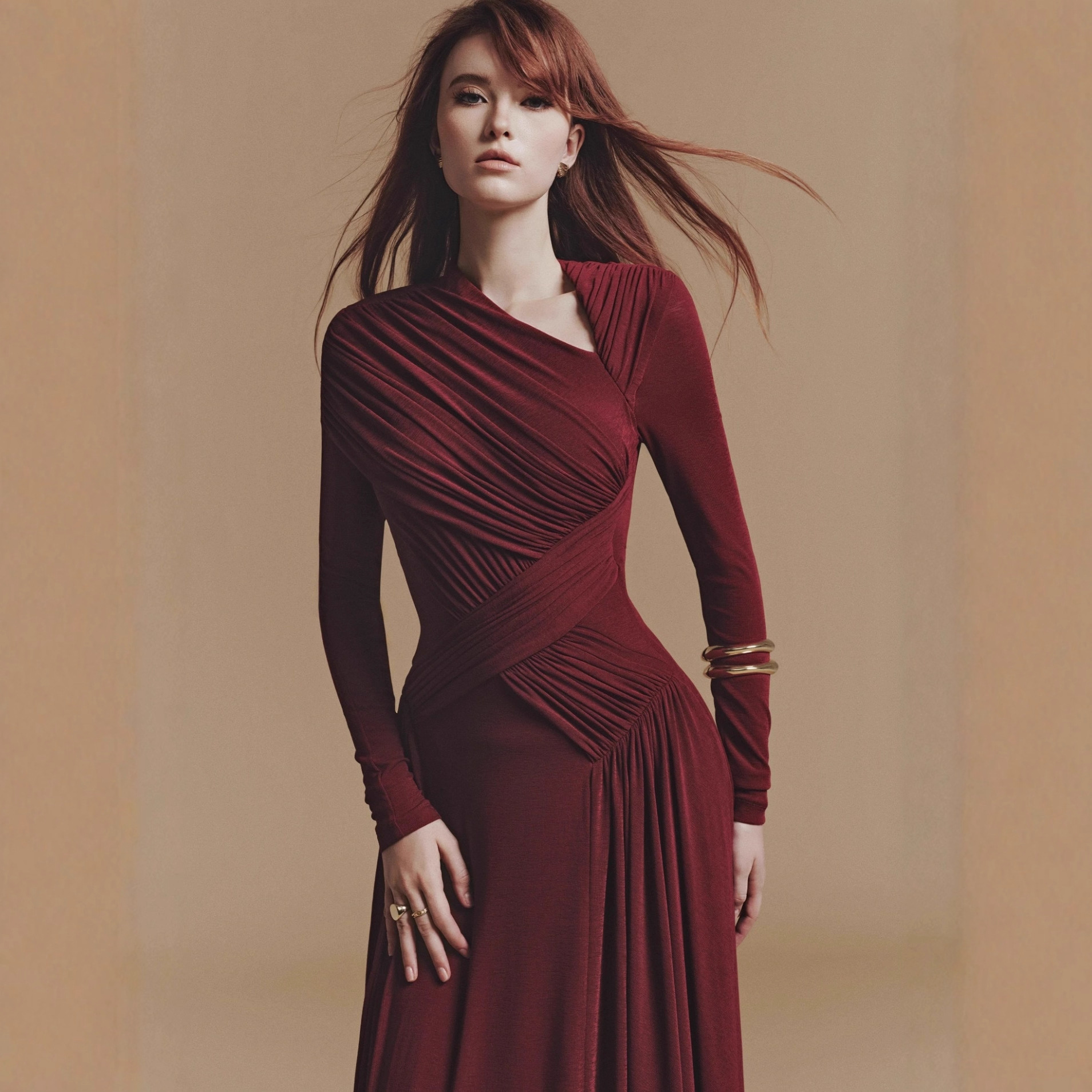 Pleated Long Sleeve Maxi Dress with Unique Design, Floor-Length Formal Gown - Image 3