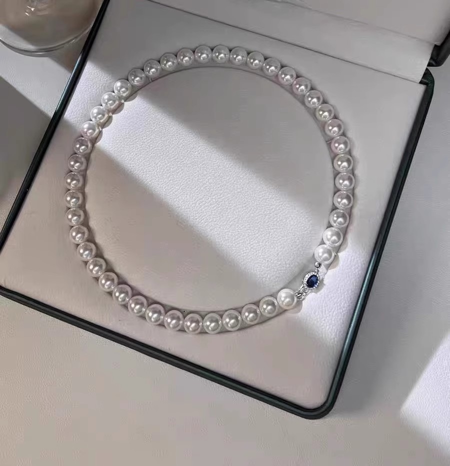 Natural Mother-of-Pearl Pearl Necklace Silver Blue Gem Clasp High Luster Premium Quality Pearl Australian White Necklace - Image 5