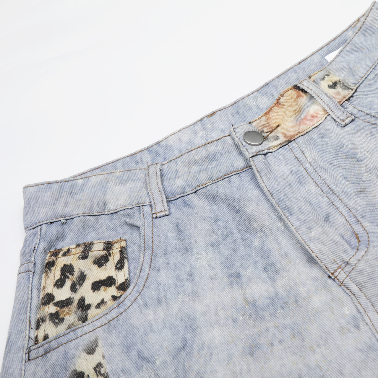 Leopard Print Denim Cropped Pants Unisex Loose Wide Leg Distressed Washed Street Style Mid-Length Pants - Image 4