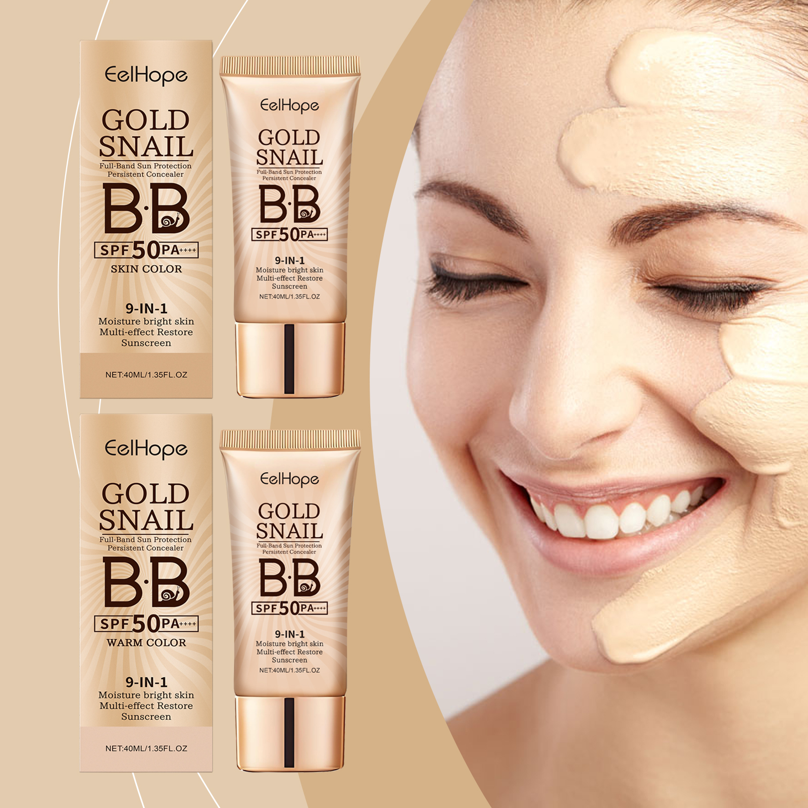 Eelhope Gold Snail Protective Bb Cream, Moisturizing Concealer Skin Tone Natural Color Waterproof, Sweat Resistant And Makeup Free - Image 2