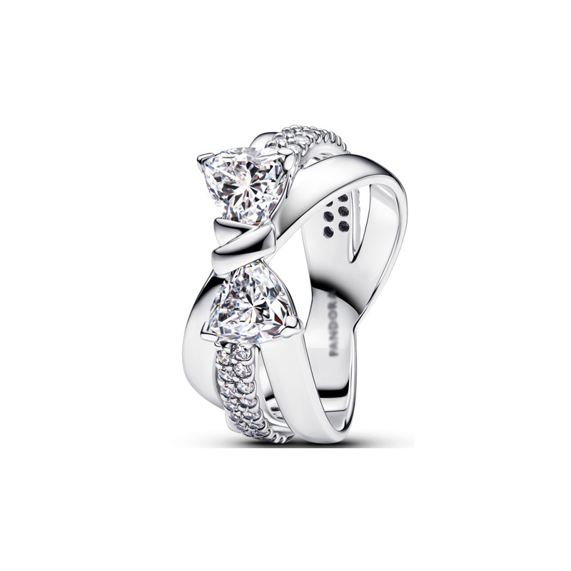 Panda Dora S925 Silver Ring with Pavé Set Sparkling Starlight Bow, Fashionable Elegant Women's Ring, Cuban Chain Pair Ring