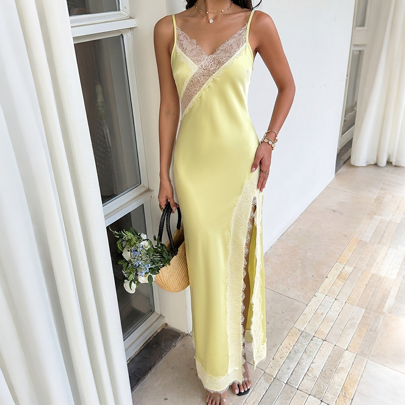 Lace Spliced Strap Dress Foreign Trade Mature Sexy Backless Long Dress for Women - Image 6