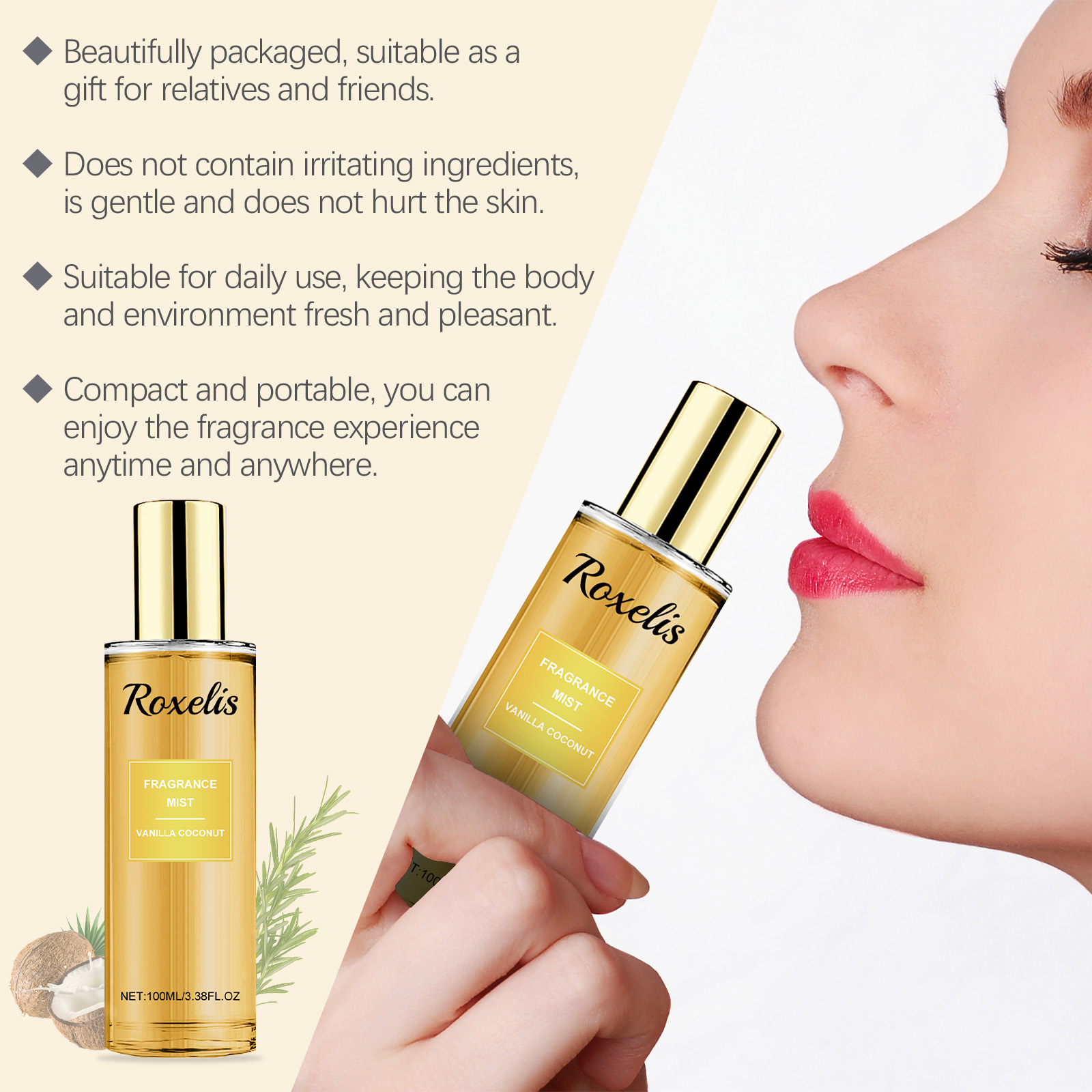 Roxelis Vanilla Coconut Fragrance Spray Long Lasting Fragrance Refreshing Body Spray Floral Fruit Fragrance Refreshing Body Fragrance - Image 3