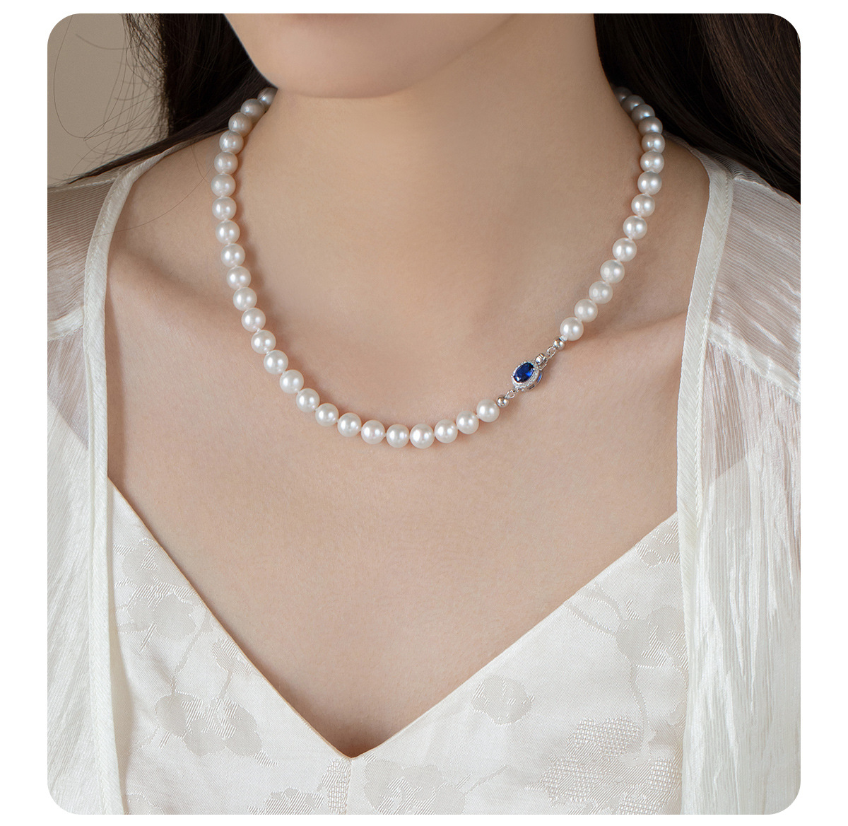Natural Mother-of-Pearl Pearl Necklace Silver Blue Gem Clasp High Luster Premium Quality Pearl Australian White Necklace