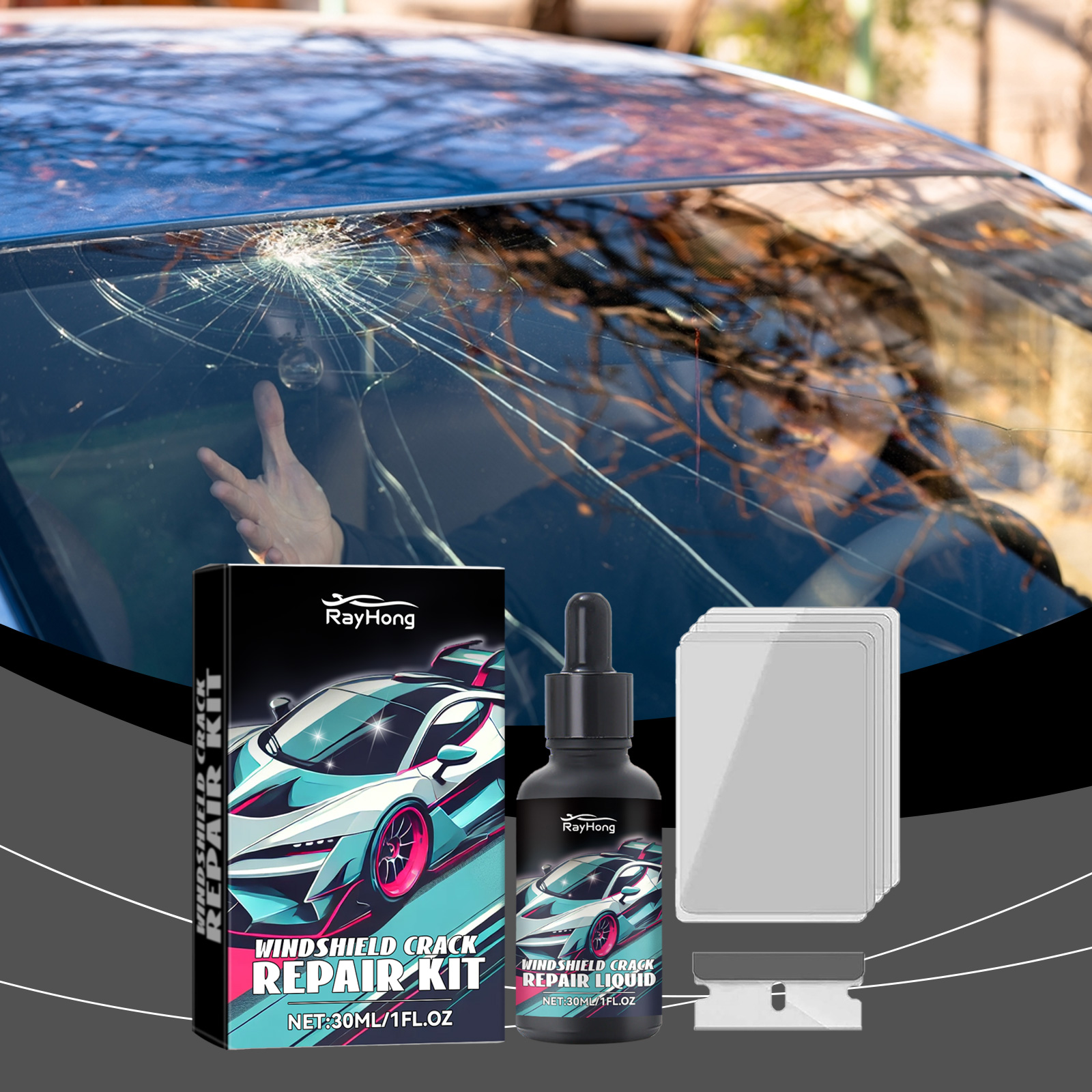Rayhong Car Windshield Repair Drops Front Windshield Repair Fluid set for quick repair of cracks - Image 2