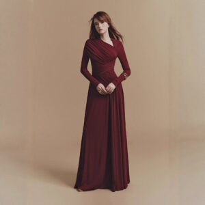 Pleated Long Sleeve Maxi Dress with Unique Design, Floor-Length Formal Gown