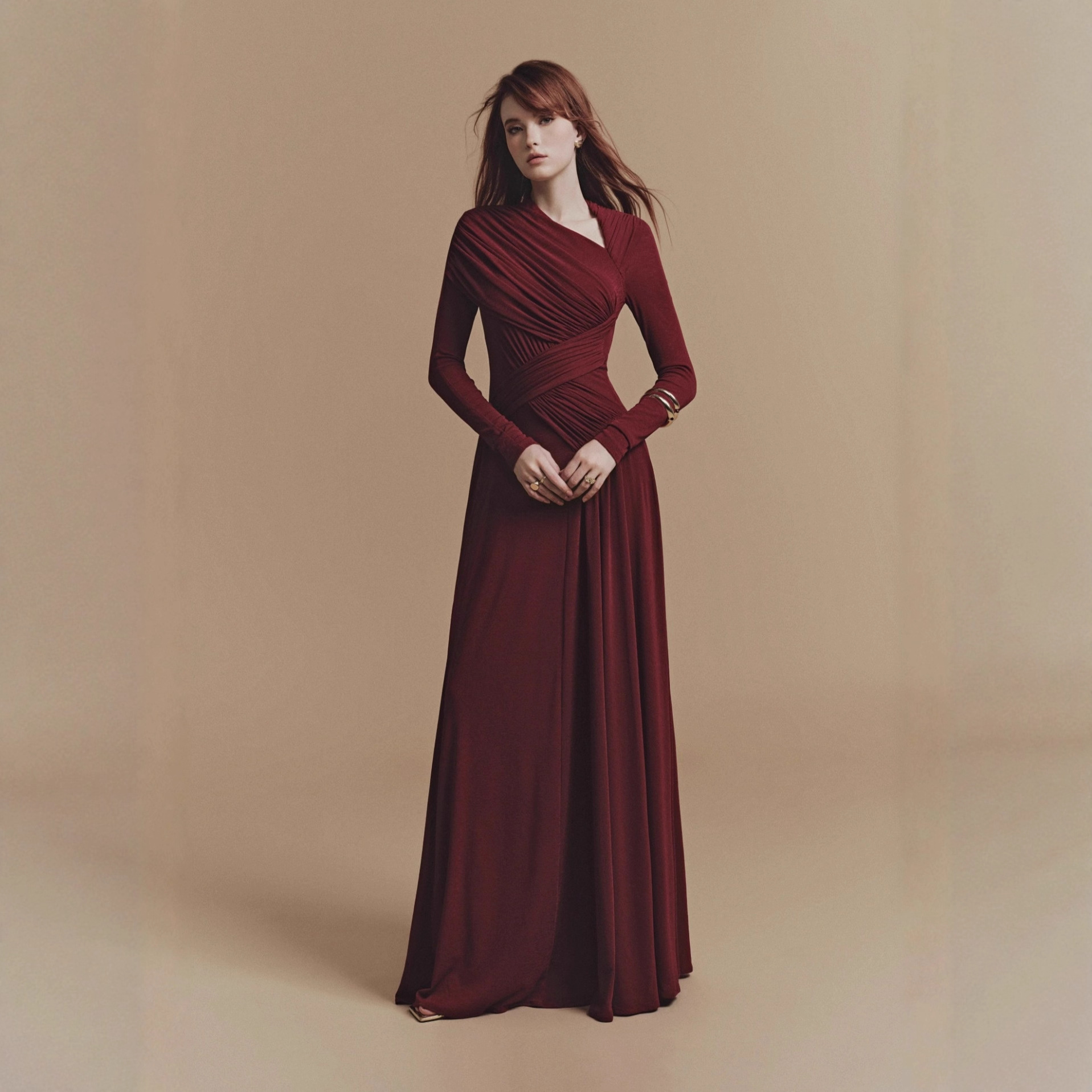 Pleated Long Sleeve Maxi Dress with Unique Design, Floor-Length Formal Gown