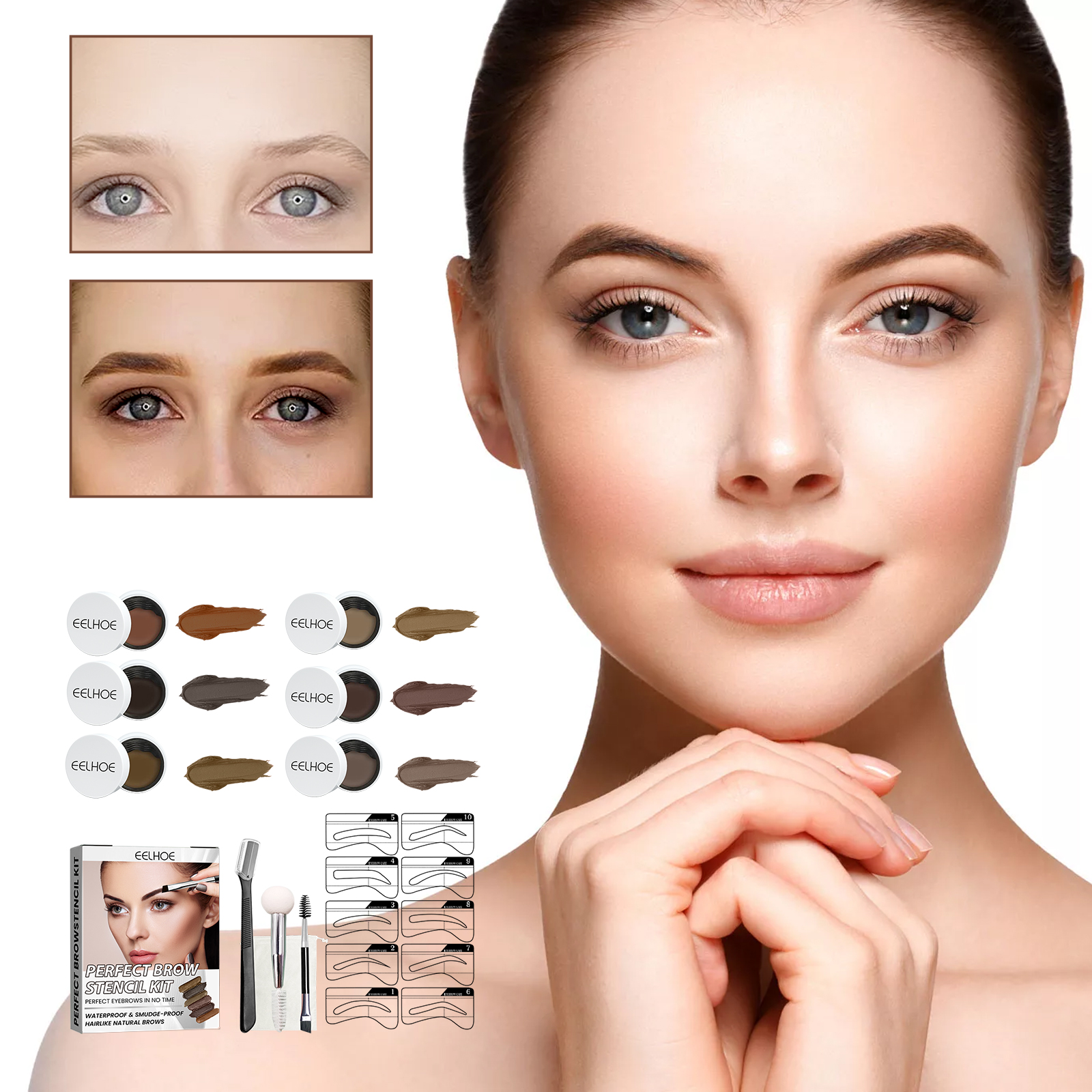 EELHOE Perfect Brow Stencil Kit, Waterproof Smooth Easy Color No Smudge No Makeup Natural Three-Dimensional Eyebrow Cream - Image 4