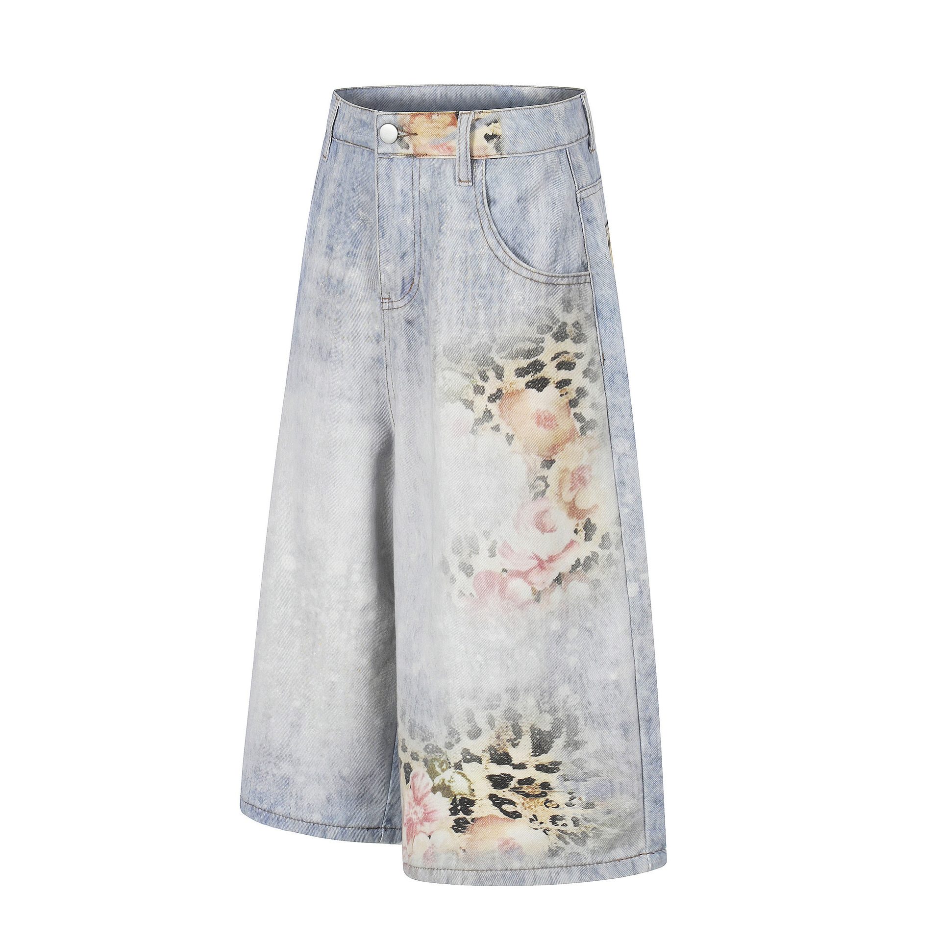 Leopard Print Denim Cropped Pants Unisex Loose Wide Leg Distressed Washed Street Style Mid-Length Pants - Image 2