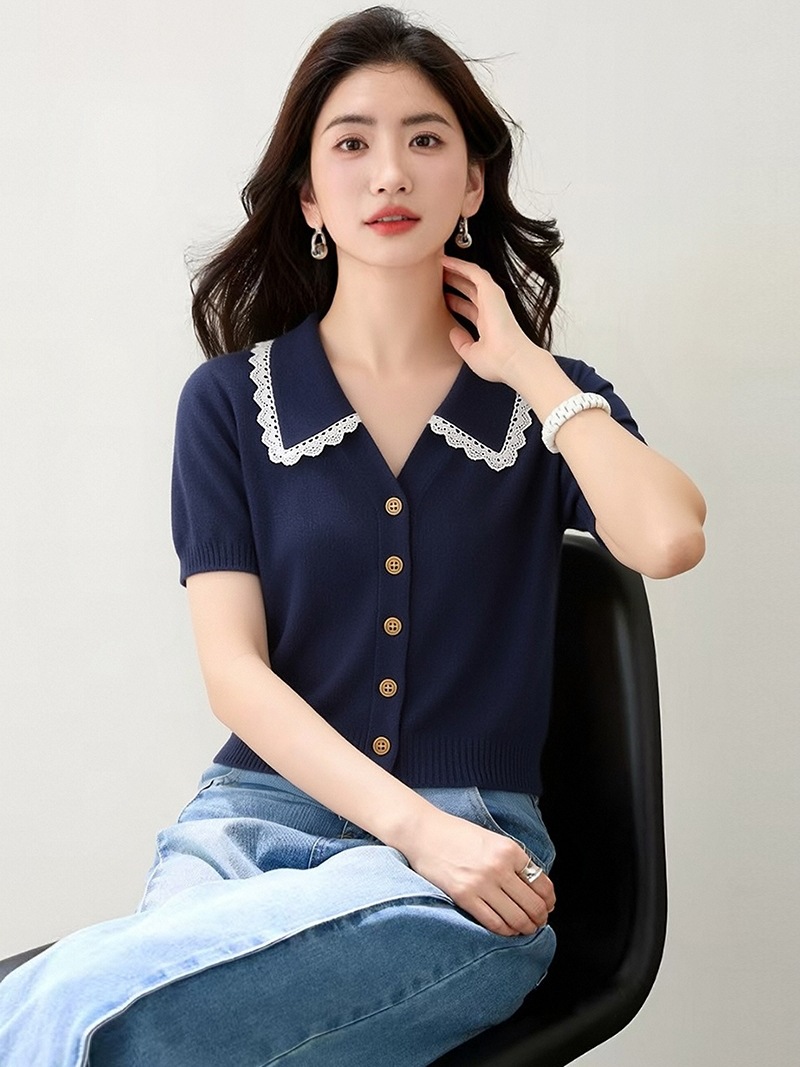 Navy Blue Lace Turn-Down Collar Knitted Short Sleeve T-Shirt for Women Summer Casual Top - Image 6