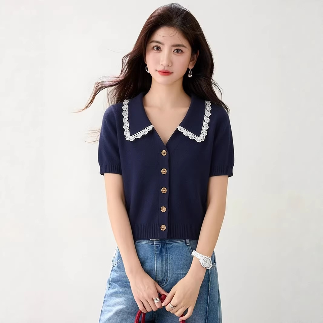 Navy Blue Lace Turn-Down Collar Knitted Short Sleeve T-Shirt for Women Summer Casual Top - Image 2