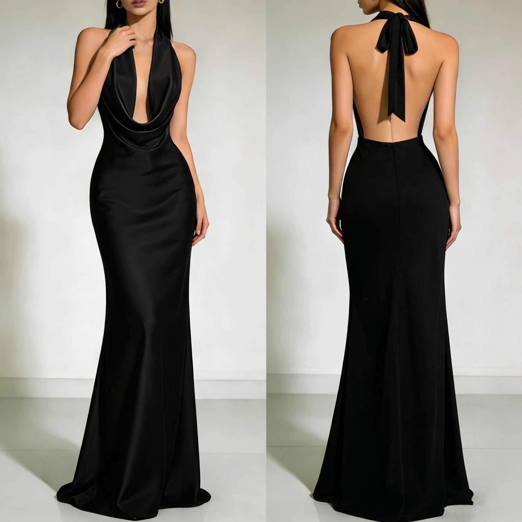 Solid color Strapless Backless Satin Evening dress Long dress - Image 9
