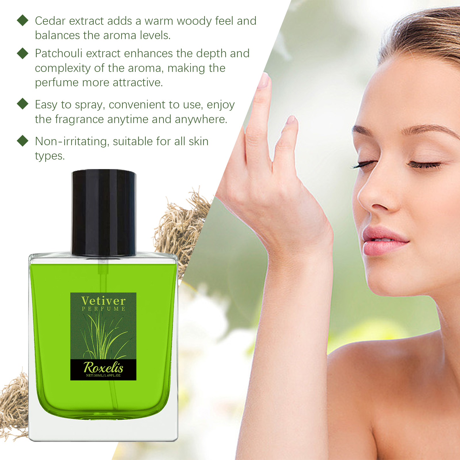 Roxelis Vetiver Fresh Perfume Exudes Charm Natural Fresh Elegant Fragrance Stay Fragrance Everyday Portable Fragrance Perfume - Image 4